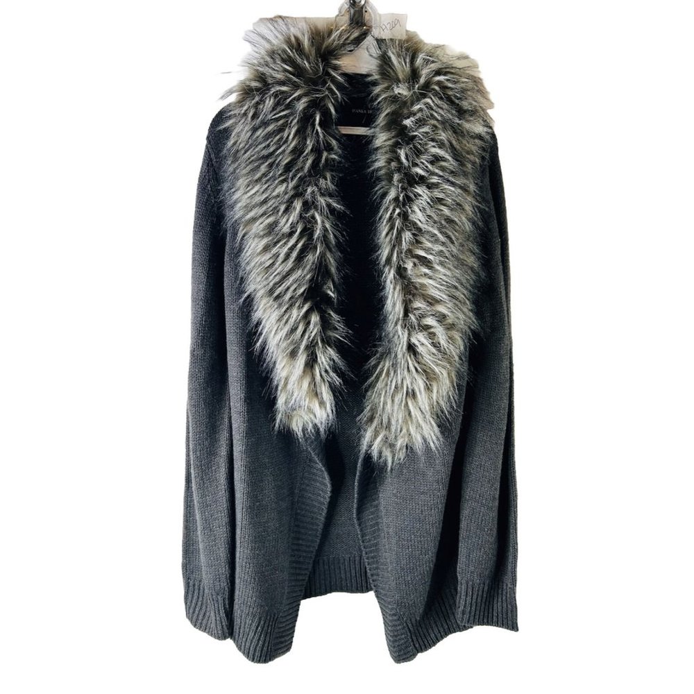 Ivanka Trump Gray Knit Cardigan with Faux Fur Collar